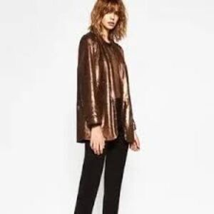 Zara Bronze Brown Sequined Open Front Blazer Jacket Shawl Collar Small